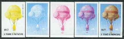 St Thomas & Prince Islands 1980 Balloons 7Db (John Wise) set of 5 imperf progressive proofs comprising blue and magenta single colours, blue & magenta and black & yellow ..., stamps on aviation    balloons