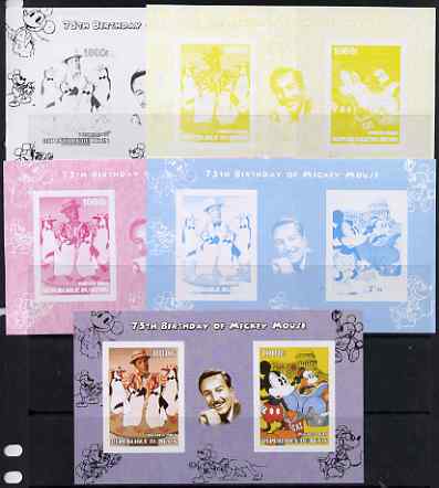 Benin 2004 75th Birthday of Mickey Mouse - Penguins from Mary Poppins & Mickey in Oil Crisis sheetlet containing 2 values plus  the set of 5 imperf progressive proofs com..., stamps on disney, stamps on films, stamps on movies, stamps on cinema, stamps on penguins, stamps on films, stamps on cinema, stamps on  oil , stamps on 