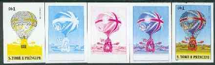 St Thomas & Prince Islands 1980 Balloons 1Db (Lunardi II) set of 5 imperf progressive proofs comprising blue and magenta single colours, blue & magenta and black & yellow composites plus all four colours unmounted mint, stamps on aviation    balloons