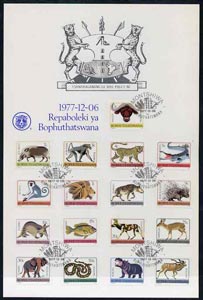 Bophuthatswana 1977 Animal Definitives set of 17 complete on illustrated Official card with first day cancel, SG 5-20, stamps on animals