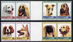St Vincent - Bequia 1985 Dogs (Leaders of the World) set of 8 in se-tenant gutter pairs (folded through gutters) from uncut archive proof sheets unmounted mint, stamps on animals    dogs    whippet, stamps on  gsd , stamps on bloodhound   afghan    kuvasz       king-charles spaniel   pekingese, stamps on retriever