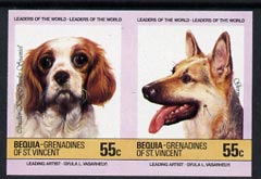 St Vincent - Bequia 1985 Dogs (Leaders of the World) 55c (King Charles & GSD) imperf se-tenant pair unmounted mint, stamps on dogs          king-charles spaniel, stamps on  gsd , stamps on animals