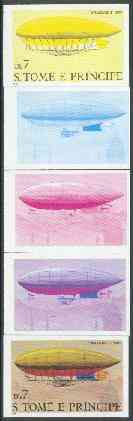 St Thomas & Prince Islands 1980 Airships 7Db (Willows II) set of 5 imperf progressive proofs comprising blue and magenta single colours, blue & magenta and black & yellow..., stamps on aviation, stamps on airships