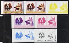 St Vincent - Bequia 1985 Dogs (Leaders of the World) 55c (King Charles & GSD) set of 7 imperf se-tenant progressive proof pairs comprising the 4 individual colours, plus 2, 3 and all 4-colour composites, unmounted mint, stamps on dogs          king-charles spaniel, stamps on  gsd , stamps on animals    