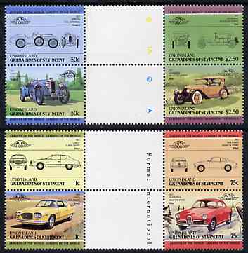 St Vincent - Union Island 1985 Cars #1 (Leaders of the World) set of 8 in se-tenant gutter pairs (folded through gutters or perfs) from uncut archive proof sheet unmounte..., stamps on cars    locomobile     alfa     allard    lancia