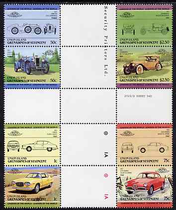 St Vincent - Union Island 1985 Cars #1 (Leaders of the World) set of 8 in se-tenant cross-gutter block (folded through gutters or perfs) from uncut archive proof sheet, s..., stamps on cars    locomobile     alfa     allard    lancia