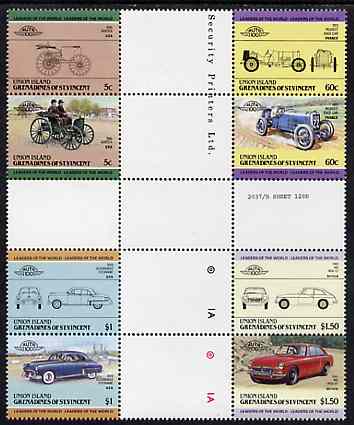 St Vincent - Union Island 1985 Cars #2 (Leaders of the World) set of 8 in se-tenant cross-gutter block (folded through gutters or perfs) from uncut archive proof sheet, some split perfs & wrinkles but a rare archive item unmounted mint, stamps on cars, stamps on  mg , stamps on  mgb , stamps on oldsmobile     peugeot    duryea