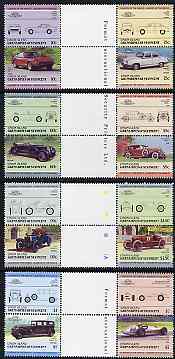 St Vincent - Union Island 1985 Cars #3 (Leaders of the World) set of 16 in se-tenant gutter pairs (folded through gutters or perfs) from uncut archive proof sheets unmounted mint, stamps on cars    duesenberg    fiat    datsun    panhard     daimler    watson     darracq    laganda