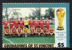St Vincent - Grenadines 1986 World Cup Football $5 (Canada Team) unmounted mint with perfortions slightly misplaced (horiz perfs encroach onto Country name), stamps on football  sport
