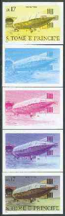 St Thomas & Prince Islands 1980 Airships 17Db (Mayfly) set of 5 imperf progressive proofs comprising blue and magenta single colours, blue & magenta and black & yellow composites plus all four colours unmounted mint, stamps on aviation, stamps on airships