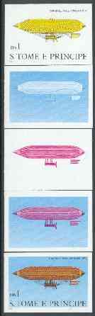 St Thomas & Prince Islands 1980 Airships 1Db (Paul Hanlein) set of 5 imperf progressive proofs comprising blue and magenta single colours, blue & magenta and black & yell..., stamps on aviation, stamps on airships