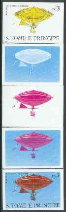 St Thomas & Prince Islands 1980 Airships 3Db (Gaston Brothers) set of 5 imperf progressive proofs comprising blue and magenta single colours, blue & magenta and black & yellow composites plus all four colours unmounted mint, stamps on , stamps on  stamps on aviation, stamps on  stamps on airships