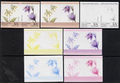 St Vincent - Bequia 1985 Flowers (Leaders of the World) 10c (Primula veris & Pulsatilla vulgaris) set of 7 imperf se-tenant progressive proof pairs comprising the 4 individual colours, plus 2, 3 and all 4-colour composites unmounted mint, stamps on flowers