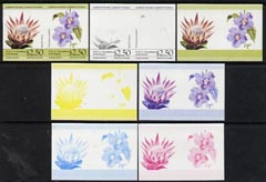 St Vincent - Bequia 1985 Flowers (Leaders of the World) $2.50 (Protea laurifolia & Thunbergia grandiflora) set of 7 imperf se-tenant progressive proof pairs comprising the 4 individual colours, plus 2, 3 and all 4-colour composites unmounted mint, stamps on flowers