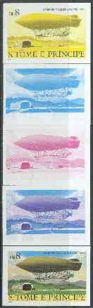 St Thomas & Prince Islands 1980 Airships 8Db (Ville de Lucerne) set of 5 imperf progressive proofs comprising blue and magenta single colours, blue & magenta and black & yellow composites plus all four colours unmounted mint, stamps on aviation, stamps on airships