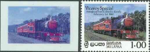 Sri Lanka 1986 Inaugural Run of Viceroy Special Train die proof in red and blue only (missing Country name, value & inscription) on plastic card (ex archives) as SG 924 p..., stamps on railways