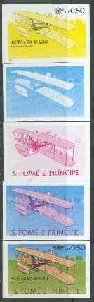 St Thomas & Prince Islands 1979 Aviation History 0.5Db (Wright Flyer 1) set of 5 imperf progressive proofs comprising blue and magenta single colours, blue & magenta and ..., stamps on aviation