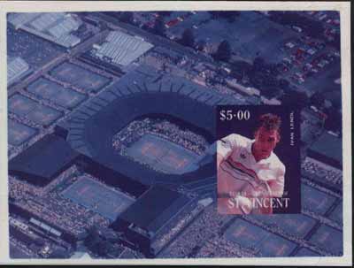 St Vincent - Bequia 1988 International Tennis Players $5 m/sheet (Ivan Lendl) die proof in red and blue only on Cromalin plastic card (ex archives) , stamps on sport  tennis