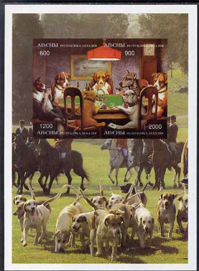 Abkhazia 1996 Aces High (Dog characters playing cards) imperf sheetlet containing complete set of 4 values unmounted mint, stamps on , stamps on  stamps on dogs, stamps on playing cards, stamps on hunting, stamps on horses, stamps on clock