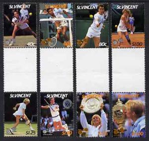St Vincent 1987 International Tennis Players set of 8 in se-tenant gutter pairs (folded through gutters) from uncut archive proof sheets SG 1057-64, stamps on sport  tennis