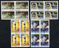 St Thomas & Prince Islands 1980 Moon Landing Anniversary set of 4, each in imperf blocks of 4 with central CTT 10.12.80 St Tome cancel, probably publicity proofs, stamps on space