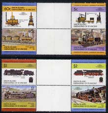 St Vincent - Union Island 1984 Locomotives #1 (Leaders of the World) set of 8 in se-tenant gutter pairs (folded through gutters) from uncut archive proof sheets unmounted mint, stamps on railways
