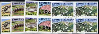 St Thomas & Prince Islands 1980 Olympic Stadia set of 5, each in imperf blocks of 4 with central CTT 28.12.79 St Tome cancel, pre-release publicity proofs (set was issued..., stamps on sport    civil engineering    olympics    stadium