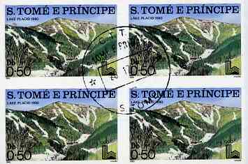 St Thomas & Prince Islands 1980 Olympic Stadia one value in imperf block of 4 with central CTT 28.12.79 St Tome cancel, pre-release publicity proof (set was issued 13.6.8..., stamps on sport    civil engineering    olympics
