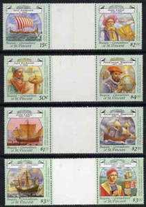 St Vincent - Bequia 1988 Explorers set of 8 in se-tenant gutter pairs (folded through gutters) unmounted mint from uncut archive proof sheets. , stamps on explorers  personalities     ships    