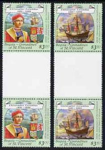 St Vincent - Bequia 1988 Christopher Columbus $3.50 & $3 perf values from Explorers set each in unmounted mint unfolded gutter pairs from uncut archive proof sheet. , stamps on columbus    heraldry, stamps on arms    ships