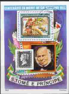 St Thomas & Prince Islands 1980 Penny Black (Rowland Hill) m/sheet with CTT 15.5.80 St Tome cancel, pre-release publicity proof  (m/sheet was issued 13.6.80), stamps on stamp on stamp, stamps on rowland hill, stamps on stamponstamp