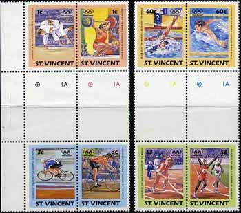 St Vincent 1984 Olympics (Leaders of the World) set of 8 in se-tenant gutter pairs (folded through gutters & 2 stamps creased) from uncut archive proof sheet unmounted mi..., stamps on sport     olympics    weightlifting    judo    swimming   running   bicycles, stamps on martial arts