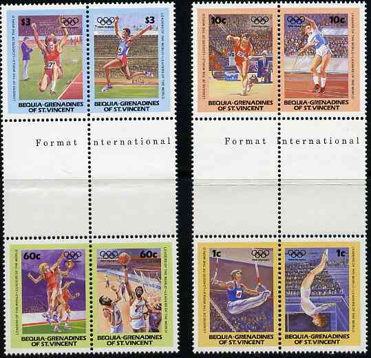 St Vincent - Bequia 1984 Olympics (Leaders of the World) set of 8 in se-tenant gutter pairs (folded through gutters) from uncut archive proof sheet unmounted mint, stamps on sport     olympics    long jump    basketball    netball    javelin    rings    gymnastics, stamps on  gym , stamps on gymnastics, stamps on 