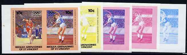St Vincent - Bequia 1984 Olympics (Leaders of the World) 10c (Javelin) set of 5 imperf se-tenant progressive colour proof pairs comprising two individual colours, two 2-colour composites plus all 4-colour final design unmounted mint, stamps on sport     olympics       javelin   