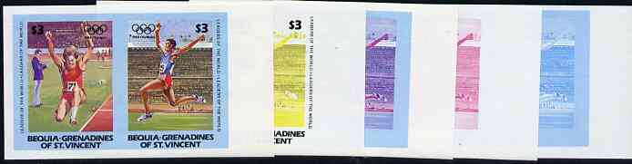 St Vincent - Bequia 1984 Olympics (Leaders of the World) $3 (Long Jump) set of 5 imperf se-tenant progressive colour proof pairs comprising two individual colours, two 2-..., stamps on sport     olympics       long jump