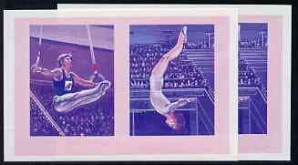 St Vincent - Bequia 1984 Olympics (Leaders of the World) 1c (Rings & Gymnastics) imperf se-tenant progressive colour proof pair in magenta & blue only unmounted mint, stamps on , stamps on  stamps on sport     olympics       rings    gymnastics, stamps on  stamps on  gym , stamps on  stamps on gymnastics, stamps on  stamps on 