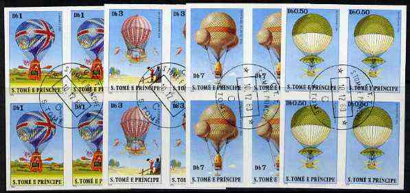 St Thomas & Prince Islands 1979 Balloons 0.5, 1, 3 & 7Db each in imperf blocks of 4 with central 'CTT 10.12.80 St Tome cancel, believed to be publicity proofs, stamps on , stamps on  stamps on aviation    balloons