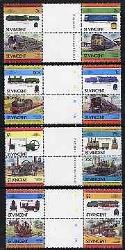 St Vincent 1984 Locomotives #2  (Leaders of the World) set of 16 in se-tenant gutter pairs (folded through gutters) from uncut archive proof sheets (SG 792-807) unmounted mint, stamps on railways