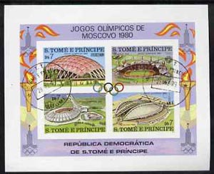 St Thomas & Prince Islands 1980 Olympic Stadia imperf m/sheet with 2 strikes of CTT 28.12.79 St Tome cancel, pre-release publicity proof (m/sheet was issued 13.6.80), stamps on sport    civil engineering    olympics     stadium