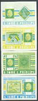 St Thomas & Prince Islands 1980 Rowland Hill set of 4, each in imperf proof singles printed in blue & yellow only, some wrinkles or soiling but attractive and most unusua..., stamps on stamp on stamp, stamps on rowland hill, stamps on stamponstamp