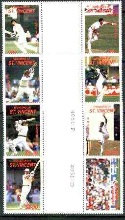 St Vincent - Grenadines 1988 Cricketers set of 8 in se-tenant gutter pairs (folded through gutters) from uncut archive proof sheets unmounted mint (SG 573-80), stamps on cricket  sport