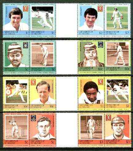 St Vincent - Grenadines 1984 Cricketers #1 (Leaders of the World) set of 16 in se-tenant gutter pairs (folded through gutters) from uncut archive proof sheets unmounted mint (SG 291-306), stamps on cricket  sport