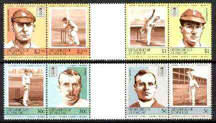 St Vincent - Grenadines 1984 Cricketers #2 (Leaders of the World) set of 8 in se-tenant gutter pairs (folded through gutters) from uncut archive proof sheets (SG 331-38) unmounted mint, stamps on cricket  sport