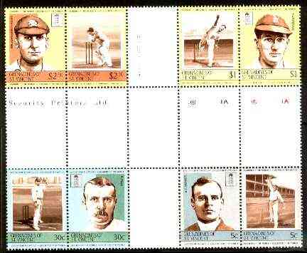 St Vincent - Grenadines 1984 Cricketers #2 (Leaders of the World) set of 8 in se-tenant cross-gutter block (folded through gutters) from uncut archive proof sheet (SG 331-38) some split perfs & wrinkles but a rare archive item unmounted mint, stamps on cricket  sport