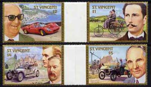 St Vincent 1987 Centenary of Motoring (with Designers) set of 4 in se-tenant gutter pairs (folded through gutters) from uncut archive proof sheets unmounted mint (SG 1085-88), stamps on cars  personalities  transport     ford     rolls royce     ferrari    benz