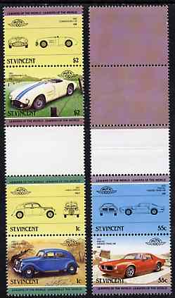 St Vincent 1985 Cars #3 (Leaders of the World) set of 6 (plus coloured labels) in se-tenant gutter pairs (folded through gutters or perfs) from uncut archive proof sheets..., stamps on cars      lancia     cunningham    pontiac