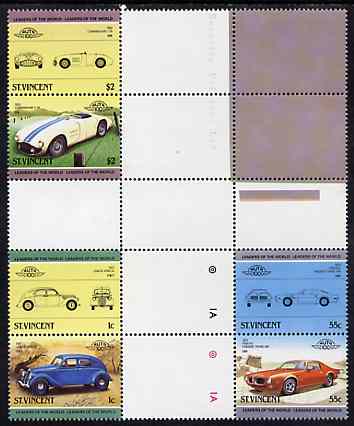 St Vincent 1985 Cars #3 (Leaders of the World) set of 6 (plus coloured labels) in se-tenant cross-gutter block (folded through gutters or perfs) from uncut archive proof sheet (SG 862-67) some split perfs & wrinkles but a rare archive item unmounted mint, stamps on cars      lancia     cunningham    pontiac