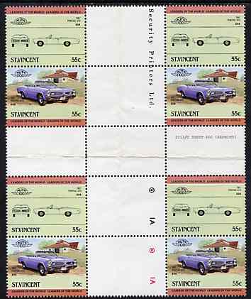 St Vincent 1984 Cars #2 (Leaders of the World) 55c (1967 Pontiac) in se-tenant cross-gutter block (folded through gutters) from uncut archive proof sheet, some split perfs & wrinkles but a rare archive item, SG 824a unmounted mint, stamps on cars    pontiac