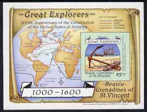 St Vincent - Bequia 1988 Explorers $5 m/sheet (Map & Anchor) unmounted mint imperf., stamps on explorers      maps      anchor    ships