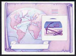 St Vincent - Bequia 1988 Explorers $5 m/sheet (Map & Anchor) imperf progressive proof in magenta & blue only unmounted mint. , stamps on explorers      maps      anchor    ships